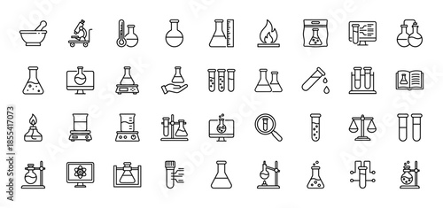 Laboratory science line icon set featuring vector pictograms of flasks, test tubes, microscopes, beakers, burners, and balances in a thin outline illustration style.
