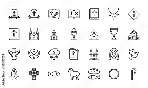 Christianity line icon set. Vector pictograms of church, bible, cross, angel, chalice, dove, lamb, bread, fish, and crown of thorns, thin outline illustration.