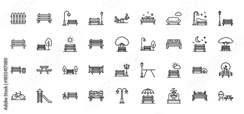 Park and outdoor furniture line icon set. Vector pictograms of benches, street lamps, picnic tables, playground equipment, and landscape elements, thin outline illustration.