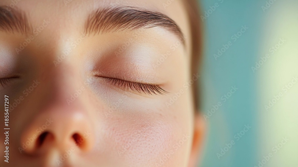 Obraz premium A close-up of a woman's face as they practice deep breathing meditation with expression of calmness and tranquility, mental health and wellness