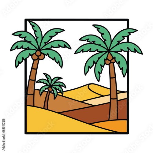Vibrant desert landscape with palm trees in sandy dunes