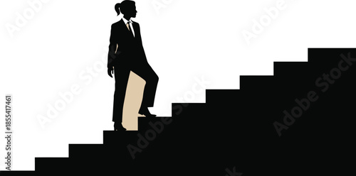 Businesswoman silhouette confidently walks up a staircase with a light colored tie showing progress and ambition
