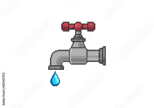 Pixel art illustration of a classic metal water tap with a red handle and a single blue droplet dripping from the nozzle, isolated on a white background.
