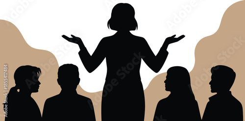 Black silhouette of a confident woman stands with open hands addressing a group of people