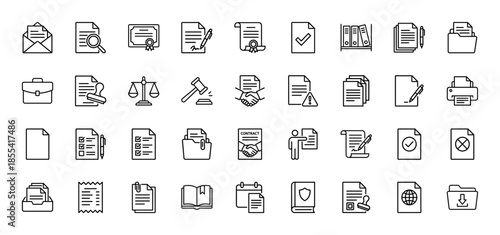 Legal and business document icon set. Vector pictograms of contract, agreement, stamp, scale, gavel, folder, briefcase, and report, thin outline illustration.