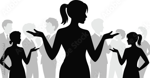 Confident female leader silhouette stands in front of a diverse group of people discussing ideas
