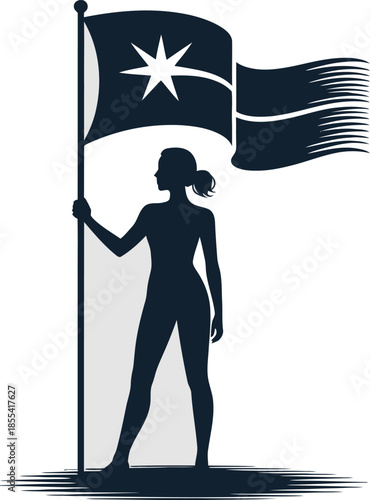 Determined female silhouette holds a flag with a prominent star design firmly on a white background