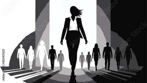 Confident female leader silhouette walks purposefully, guiding a diverse group of people forward through a light tunnel