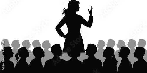 Confident woman silhouette stands and gestures while addressing a large silent audience with thoughtful expressions