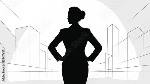 Determined business woman silhouette in a power suit looks confidently sideways against a light urban backdrop
