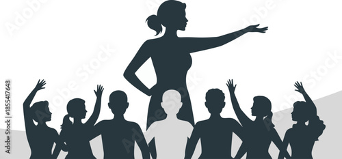 Determined woman leader stands with outstretched arm pointing while people raise their hands in response