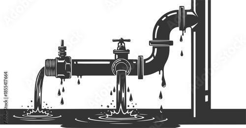 Leaking pipe with flowing water, cartoon illustration. Concept of economical water consumption. Transparent background EPS version.