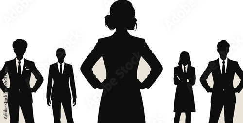 Strong female business leader silhouette stands proudly amidst a diverse group of professional colleagues