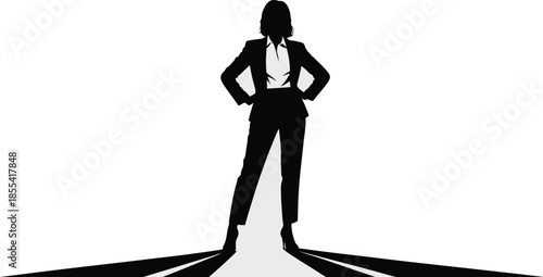 Powerful female business professional silhouette stands confidently with hands on hips on a diverging path