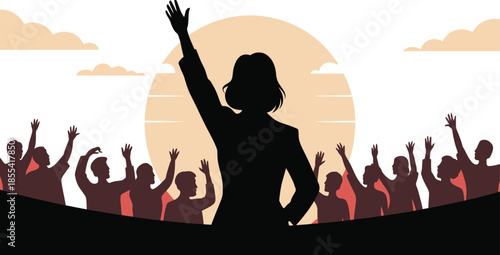 Strong woman silhouette raises her hand triumphantly before an enthusiastic cheering crowd under a warm sky
