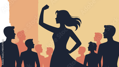 Strong woman with a raised fist and flexed arm stands confidently among many supportive people