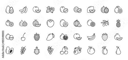 Fresh fruit line icon set. Vector pictograms of avocado, banana, mango, strawberry, grape, watermelon, pineapple, and cherry, thin outline illustration.
