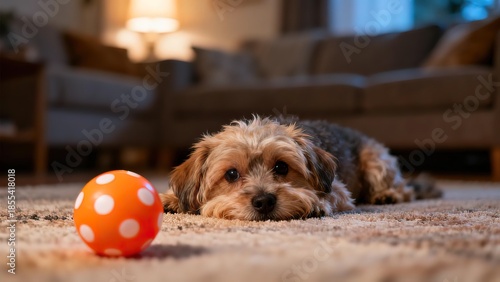 Small dog resting on carpet with polka dot ball