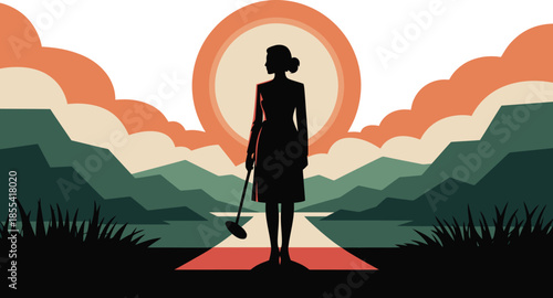 Female figure silhouette with a shovel stands on a path amidst a scenic stylized natural view