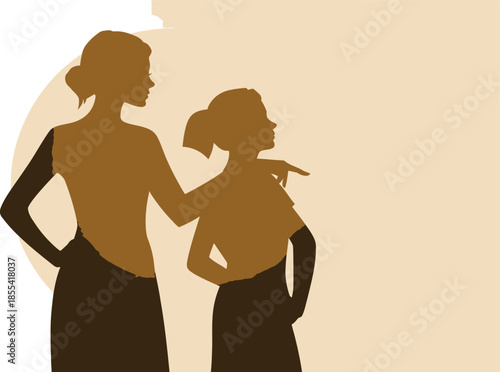 Mother and daughter silhouettes standing together, with the child pointing, against a light brown background