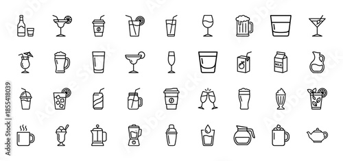 Beverage line icon set. Vector pictograms of cocktails, coffee, tea, beer, wine, juice, soda, water, milk, and smoothies, thin outline illustration.