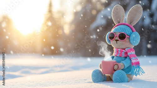A cozy knitted bunny enjoys a warm drink in a snowy winter landscape