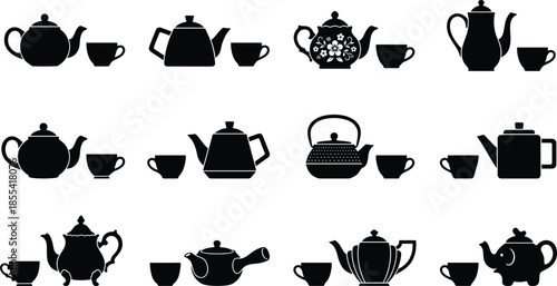 Teapot and teacup silhouette icons set, classic tea kettle designs, kitchen drinkware collection, black vector illustration for cafe decor