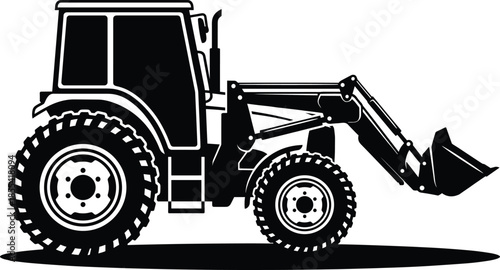 Tractor with front loader silhouette illustration, heavy construction and agricultural machinery, industrial vehicle design, black and white equipment graphic