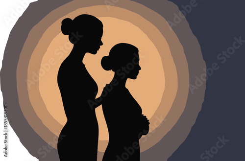 Silhouette of two women showing support with ones hand on anothers shoulder against a warm sunset