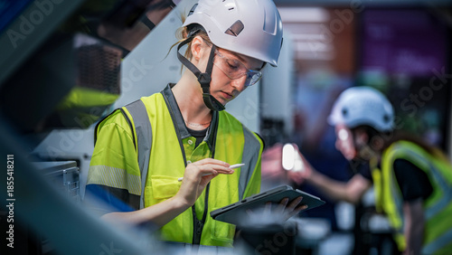 Obraz na plátně A female engineer in a hard hat and safety vest uses a tablet and stylus