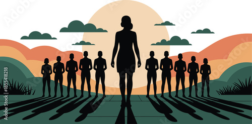 Strong female leader stands tall before her diverse team under a radiant sunset sky