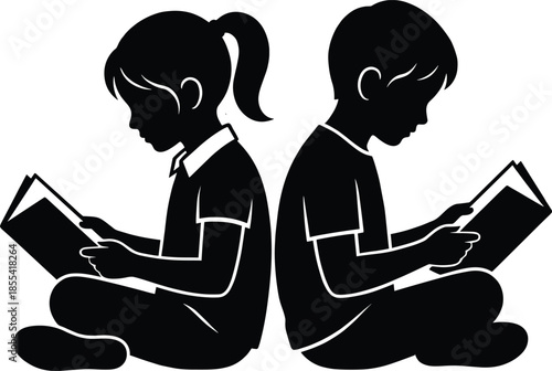 Children reading books silhouette illustration, boy and girl studying together, education and learning concept, black and white school artwork