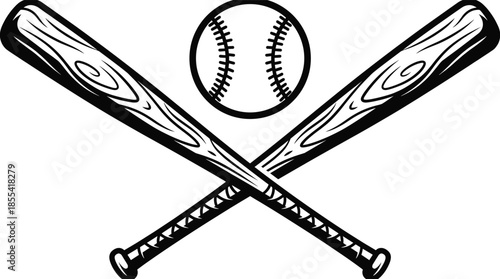 Crossed baseball bats with ball illustration, classic sports emblem, professional baseball equipment symbol, black and white athletic design