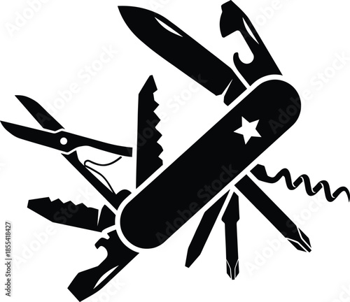 Multi tool pocket knife silhouette illustration, Swiss army knife concept with scissors corkscrew blade, outdoor survival equipment graphic