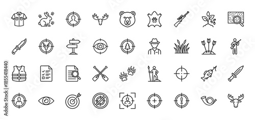Hunting line icon set. Vector pictograms of rifle, knife, bear, moose, target, tracks, hunter, map, vest and arrows, thin outline illustration.