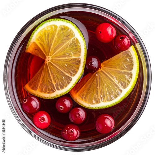 Clear Glass Mug Mulled Wine with Cranberries and Lime, Angled Top View, isolated on transparent background PNG