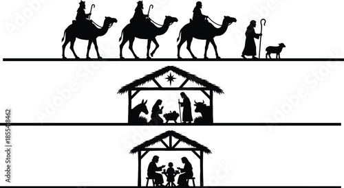 Nativity scene silhouette with three wise men and holy family, Christmas biblical story illustration, religious holiday background design