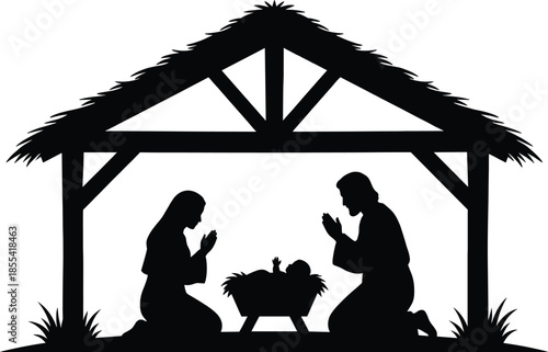 Nativity scene silhouette with Mary Joseph and baby Jesus in manger, Christmas religious illustration, Christian holiday worship background design