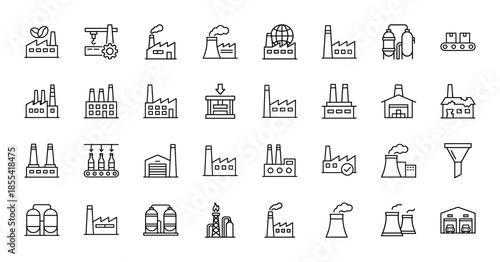 Industrial factory line icon set. Vector pictograms of warehouse, power plant, refinery, conveyor belt, storage tank, and manufacturing building, thin outline illustration.