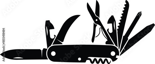 Pocket multi tool knife silhouette illustration, Swiss army style folding tool with blade scissors corkscrew, outdoor survival equipment design