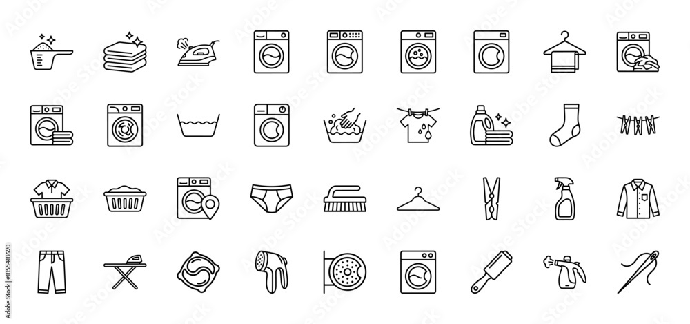 Fototapeta premium Laundry and garment care icon set. Vector pictograms of washing machine, iron, detergent, clothes hanger, basket, dryer, brush, and sewing needle, thin line illustration.