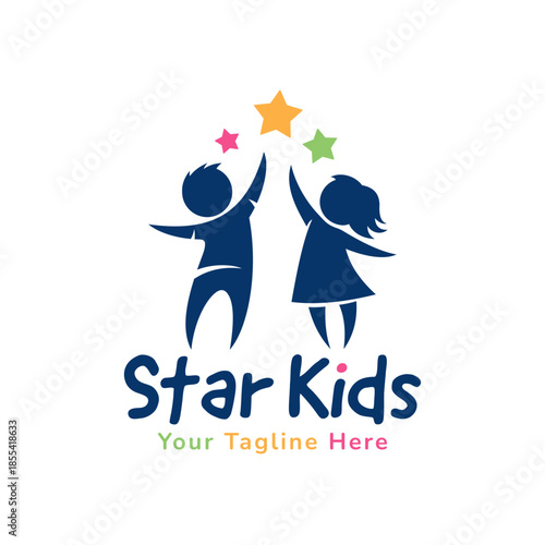 Playful and inspiring Star Kids logo featuring children reaching for stars. Ideal for kindergarten, preschool, daycare, education centers, kids brands, learning programs, and child focused branding.
