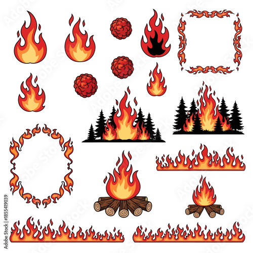 Collection of Fire Illustrations Flames Campfires and Decorative Borders.