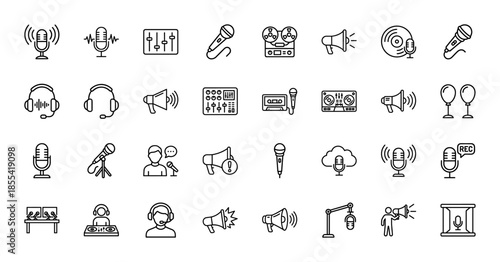 Audio and broadcasting line icon set. Vector pictograms of microphone, podcast, headphones, speaker, mixer, recorder, and megaphone, thin outline illustration.