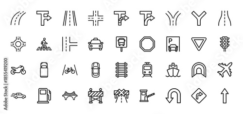 Transportation and traffic line icon set. Vector pictograms of car, bridge, train, airplane, bicycle, gas station, roundabout, and road signs, thin outline illustration.