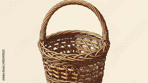 A traditional wicker basket with a handle is depicted against a plain background