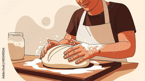 A person kneading dough on a floured surface in a kitchen environment