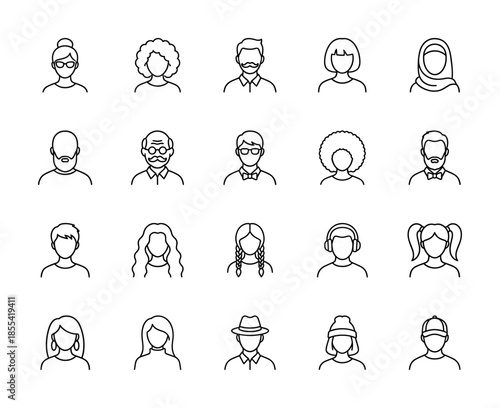 People and avatar line icon set. Vector pictograms of man, woman, mustache, glasses, hijab, afro, beard, teenager, girl, and student, thin outline illustration.