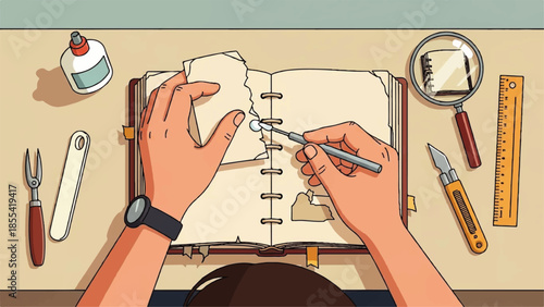 A person is creating an illustration in a notebook with various art tools on the desk