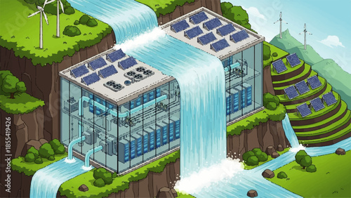 Renewable Energy Generation Facility with Waterfall and Solar Panels in a Sustainable Environment